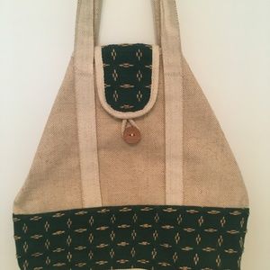 Vintage Burlap Canvas Tote Green Decorative Trim